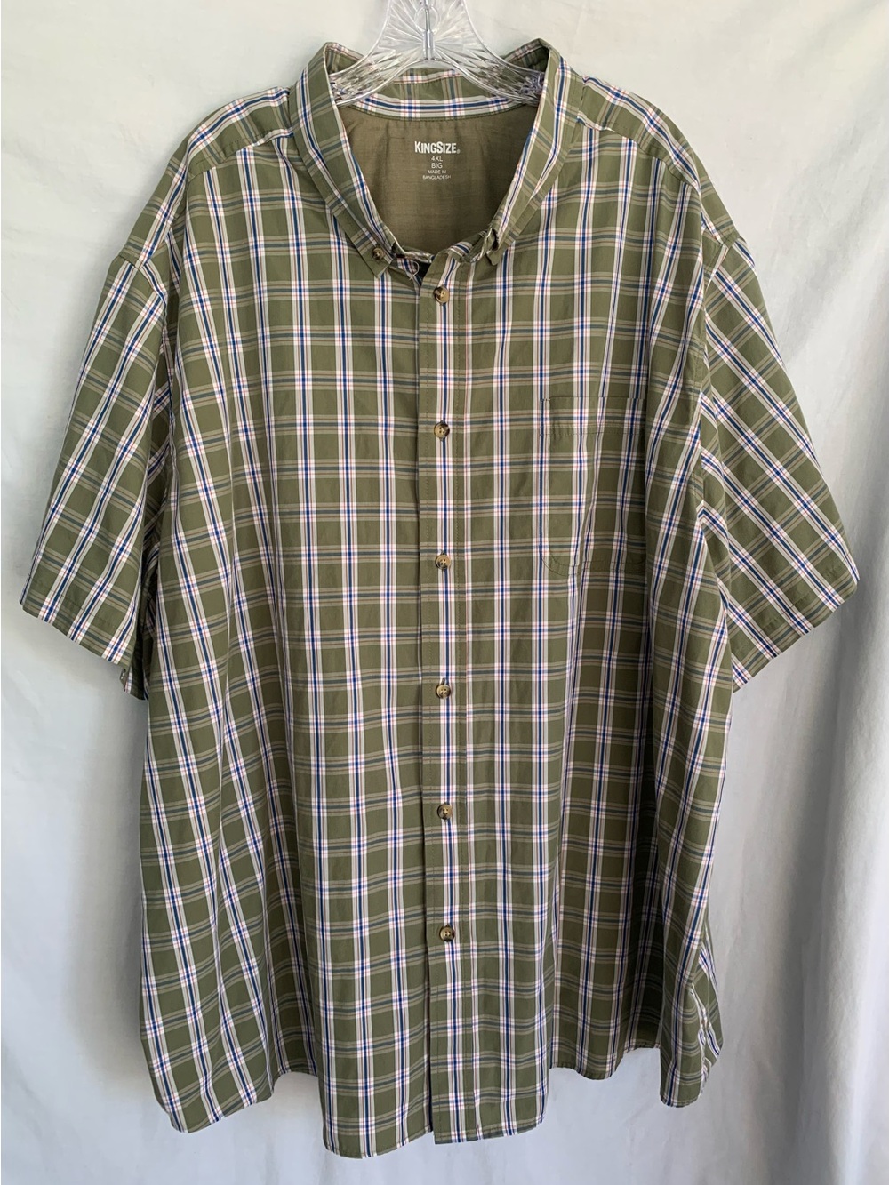 KingSize Men’s Olive Green Plaid Short-Sleeve Button-Down Shirt